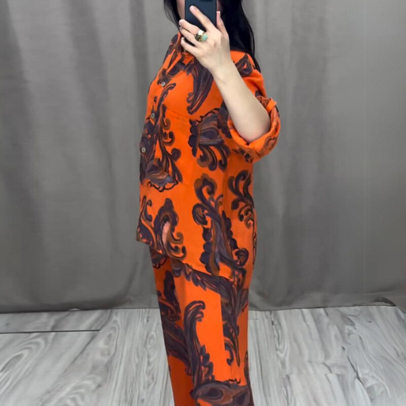 Erdei stílusú mintás nyomat vintage szett női tavaszra igazított hosszú ujjú ing és felkötős nadrág felszerelés új nyári gombos 2db öltöny