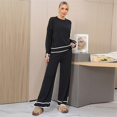 Női öltönyök O-nyakú, hosszú ujjú felső pulóver pulóver széles szárú nadrág szett Elegáns őszi alkalmi alap oldalsó csíkos kötött ruha elegáns
