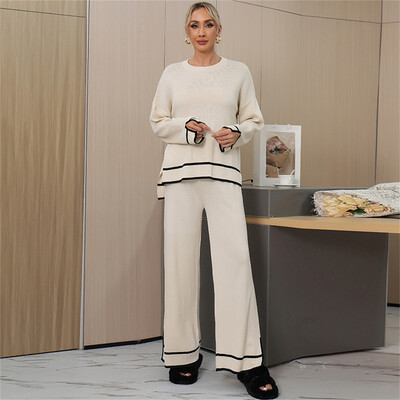 Női öltönyök O-nyakú, hosszú ujjú felső pulóver pulóver széles szárú nadrág szett Elegáns őszi alkalmi alap oldalsó csíkos kötött ruha elegáns