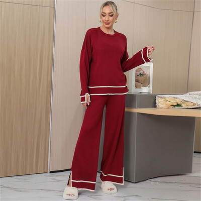 Női öltönyök O-nyakú, hosszú ujjú felső pulóver pulóver széles szárú nadrág szett Elegáns őszi alkalmi alap oldalsó csíkos kötött ruha elegáns