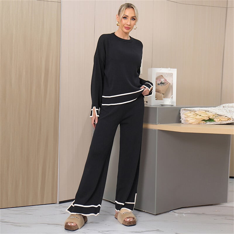 Női öltönyök O-nyakú, hosszú ujjú felső pulóver pulóver széles szárú nadrág szett Elegáns őszi alkalmi alap oldalsó csíkos kötött ruha elegáns