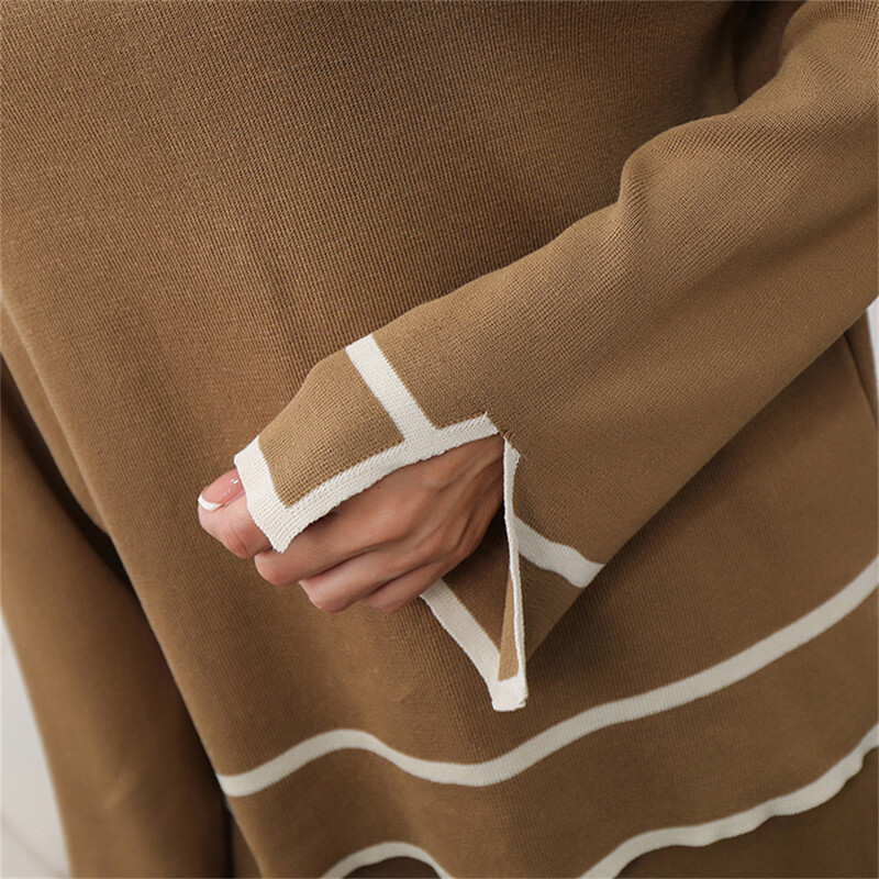 Női öltönyök O-nyakú, hosszú ujjú felső pulóver pulóver széles szárú nadrág szett Elegáns őszi alkalmi alap oldalsó csíkos kötött ruha elegáns