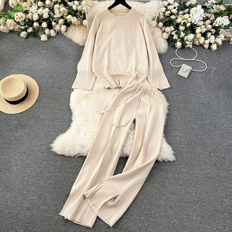 HELIAR női kötött, bő, 2 részes készletek, hosszú ujjú, O-nyakú pulóver és széles szárú nadrág, alkalmi irodai szett őszi tél