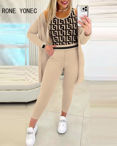 2024 Crop top pentru femei cu model geometric în interior cu jachetă și pantaloni uni Seturi de pantaloni trei piese