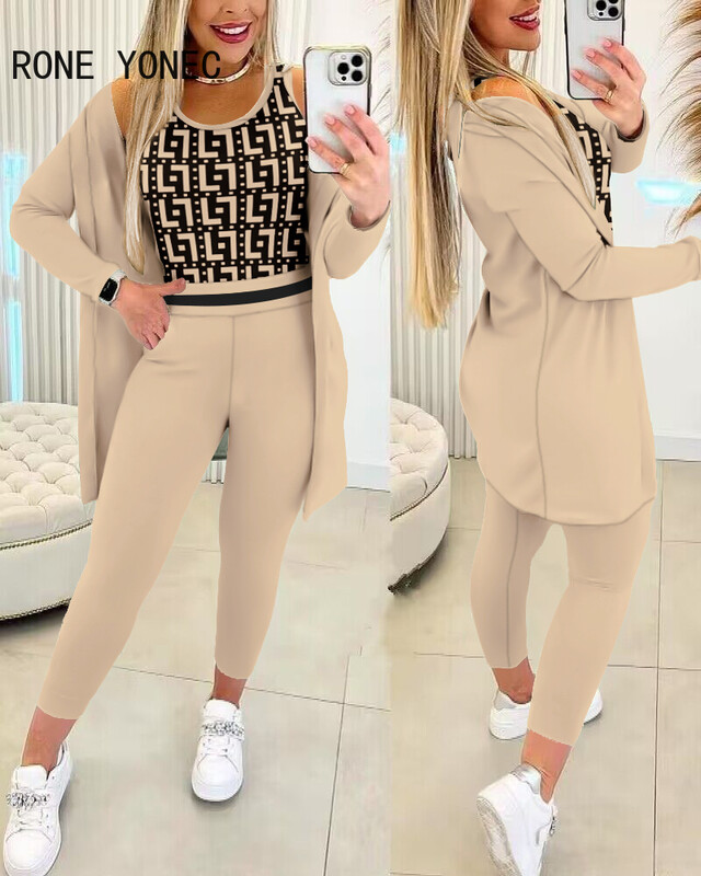 2024 Crop top pentru femei cu model geometric în interior cu jachetă și pantaloni uni Seturi de pantaloni trei piese