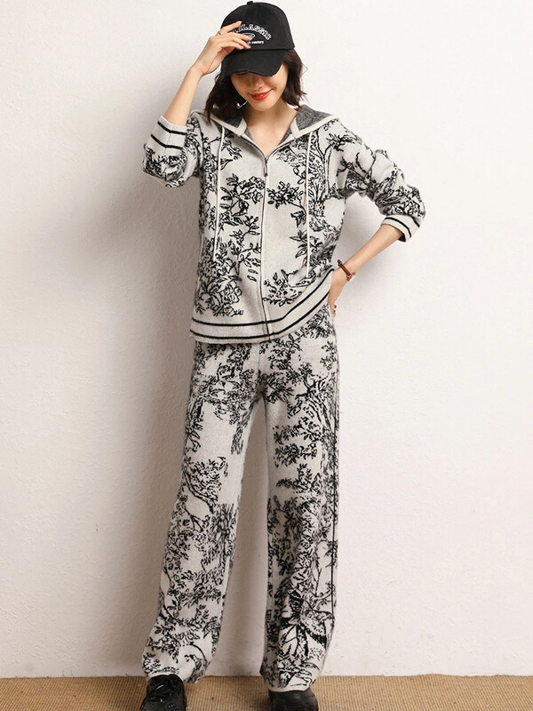 Vintage nyomtatott kötött 2 részes szettek Női Alkalmi kötöttáru Kapucnis cipzáras pulóverek Kabátok Conjunto magas derekú széles lábszárú nadrágkosztümök