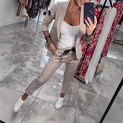 Jesenné a zimné dámske ležérne jednofarebné slim fit sako, dvojdielny módny kardigan s gombíkmi + ceruzkové nohavice, dvojdielny oblek