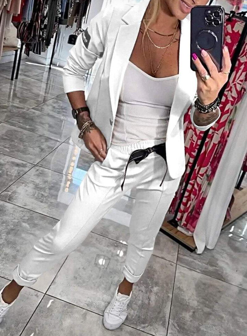Jesenné a zimné dámske ležérne jednofarebné slim fit sako, dvojdielny módny kardigan s gombíkmi + ceruzkové nohavice, dvojdielny oblek