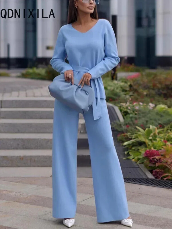 Seturi de pantaloni din două piese pentru femei, ocazional, cu decolteu în V, costume de pulover tricotate