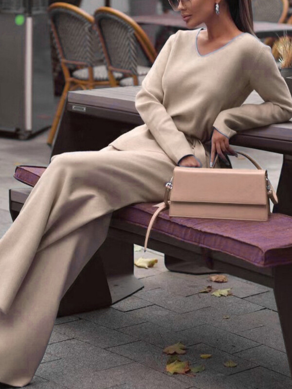 Seturi de pantaloni din două piese pentru femei, ocazional, cu decolteu în V, costume de pulover tricotate