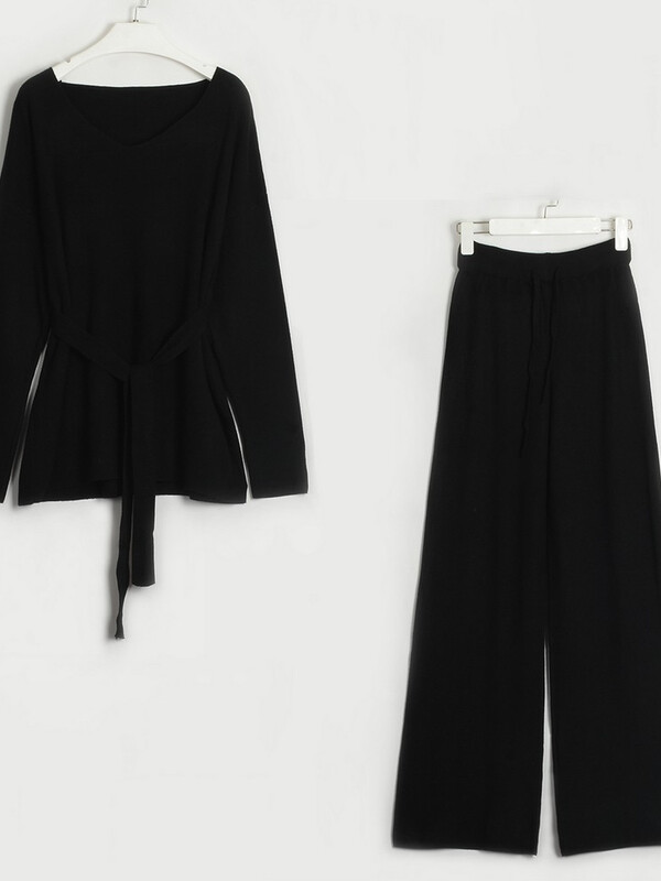 Seturi de pantaloni din două piese pentru femei, ocazional, cu decolteu în V, costume de pulover tricotate