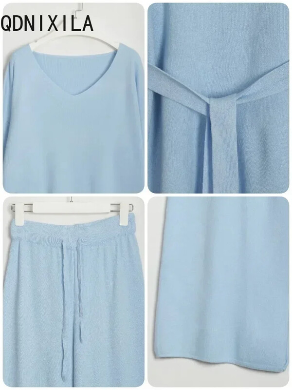 Seturi de pantaloni din două piese pentru femei, ocazional, cu decolteu în V, costume de pulover tricotate