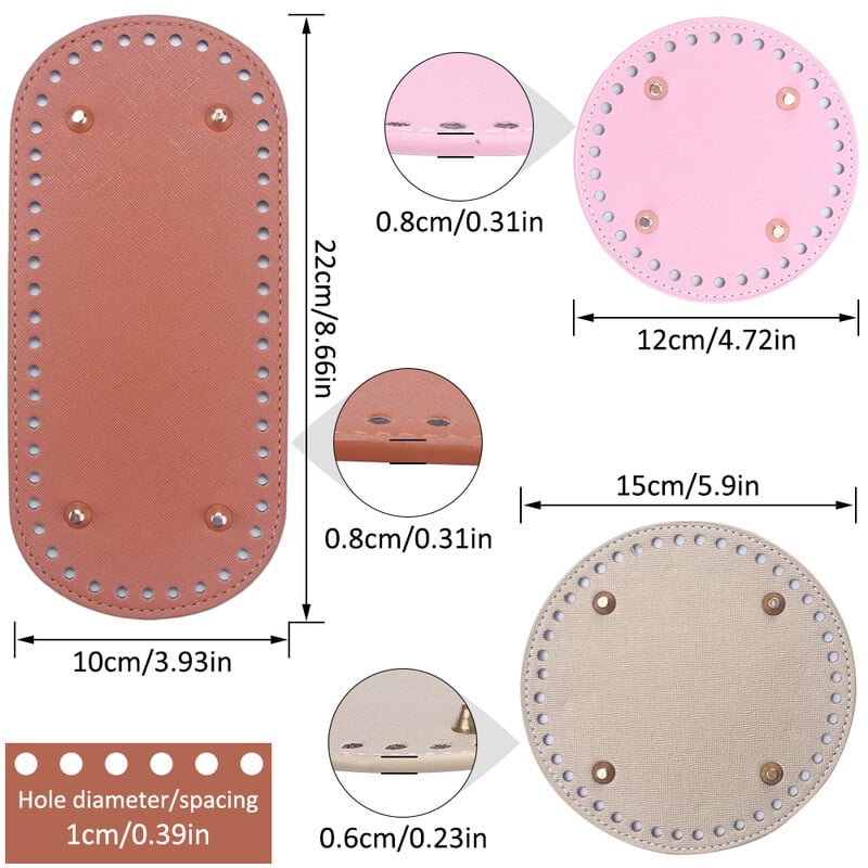 Fundă din piele PU QJH pentru geantă de tricotat, fund oval/rotund cu orificiu, accesorii pentru genți de tricotat diy, bază de geantă pentru croșetat