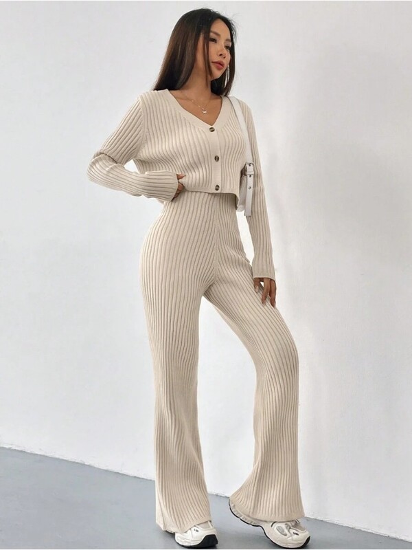 Dámske outfity s výstrihom do V, jednoradové topy s vysokým pásom, rovné nohavice, elegantné, obchod s módou