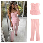 PB&ZA2024 őszi új női ruha stílusú slim fit gomb dekoráció pánt nélküli egyszínű, magas derekú kiszélesedő nadrág szett