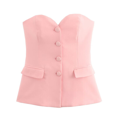 PB&ZA2024 őszi új női ruha stílusú slim fit gomb dekoráció pánt nélküli egyszínű, magas derekú kiszélesedő nadrág szett