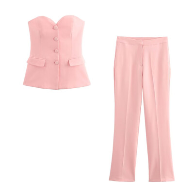 PB&ZA2024 őszi új női ruha stílusú slim fit gomb dekoráció pánt nélküli egyszínű, magas derekú kiszélesedő nadrág szett