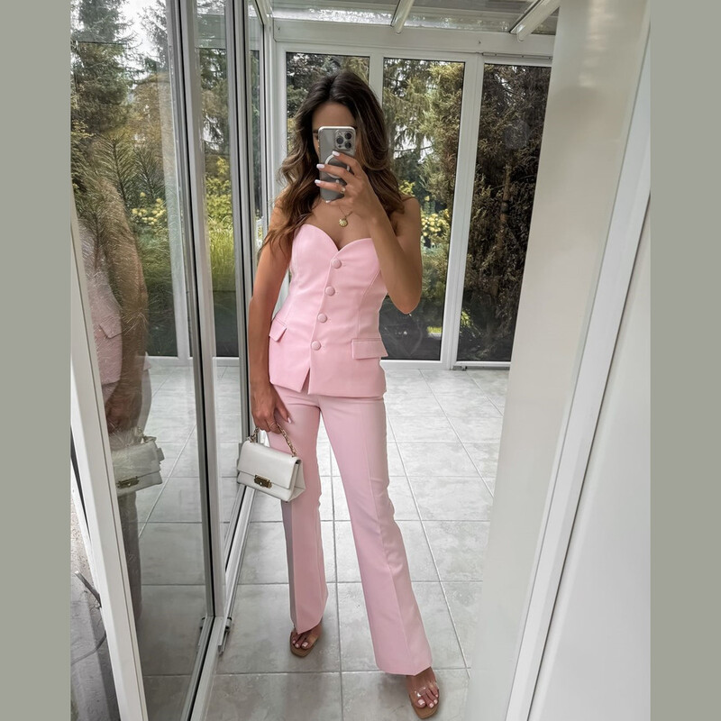 PB&ZA2024 őszi új női ruha stílusú slim fit gomb dekoráció pánt nélküli egyszínű, magas derekú kiszélesedő nadrág szett