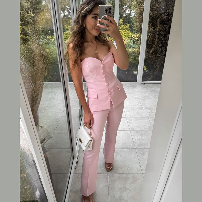 PB&ZA2024 őszi új női ruha stílusú slim fit gomb dekoráció pánt nélküli egyszínű, magas derekú kiszélesedő nadrág szett