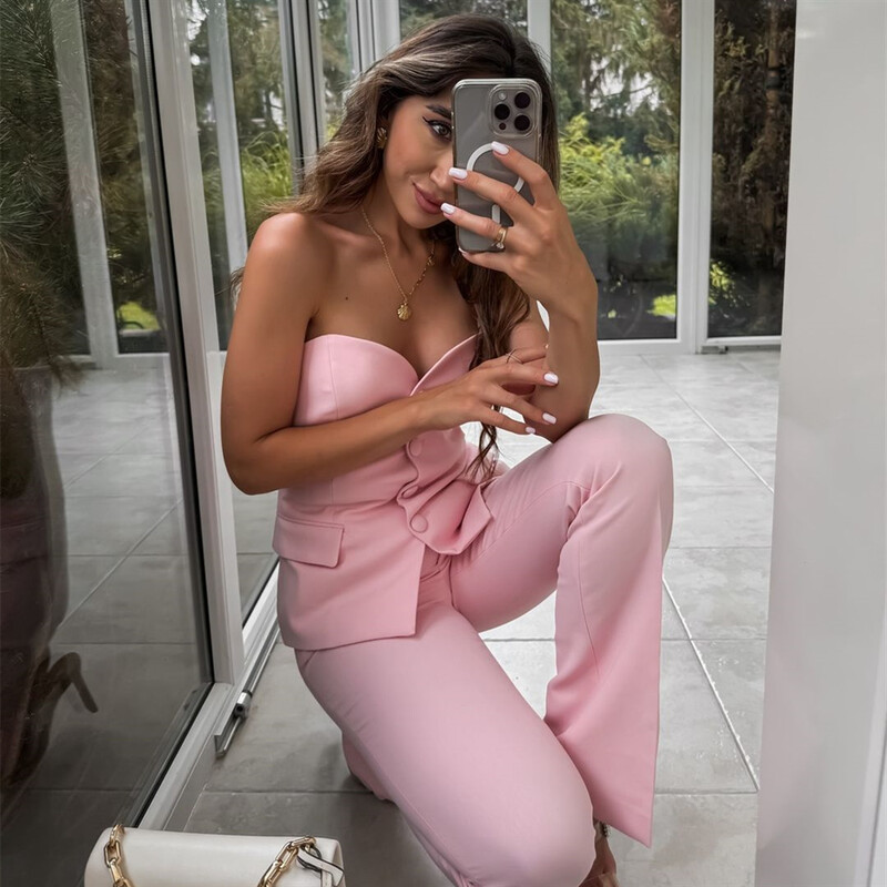 PB&ZA2024 őszi új női ruha stílusú slim fit gomb dekoráció pánt nélküli egyszínű, magas derekú kiszélesedő nadrág szett