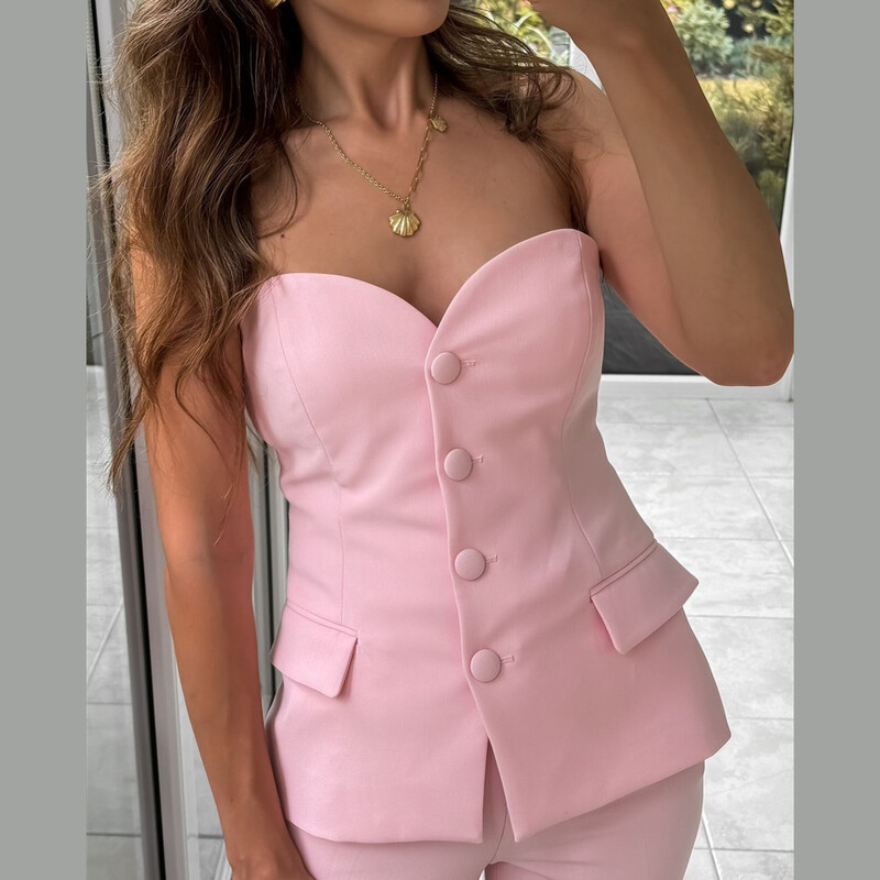 PB&ZA2024 őszi új női ruha stílusú slim fit gomb dekoráció pánt nélküli egyszínű, magas derekú kiszélesedő nadrág szett