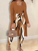 LW női nagyméretű őszi-téli Cami vegyes mintás kötszer design húzózsinór U nyak hosszú ujjú karamell három részes nadrág szett