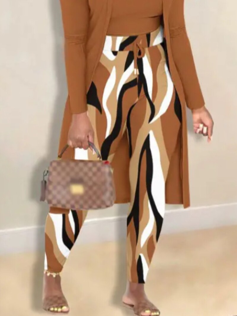 LW női nagyméretű őszi-téli Cami vegyes mintás kötszer design húzózsinór U nyak hosszú ujjú karamell három részes nadrág szett