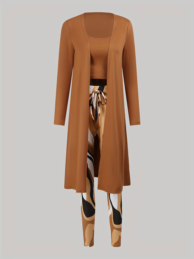 LW női nagyméretű őszi-téli Cami vegyes mintás kötszer design húzózsinór U nyak hosszú ujjú karamell három részes nadrág szett