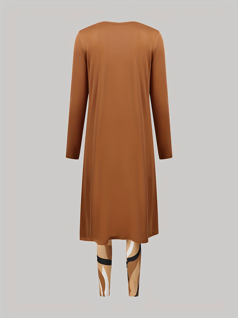 LW női nagyméretű őszi-téli Cami vegyes mintás kötszer design húzózsinór U nyak hosszú ujjú karamell három részes nadrág szett