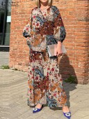 ZANZEA 2024 Bohemian Print 2 vnt. Kostiumas, laisvalaikis V formos iškirpte, laisvi kelnaičių rinkiniai 3/4 rankovėmis, plačios kelnės Kelnės, kelnių rinkiniai, gatvės apranga