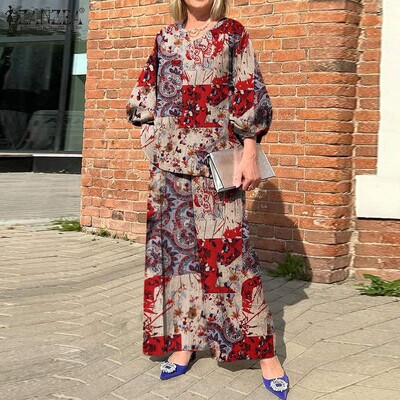 ZANZEA 2024 Bohemian Print 2 vnt. Kostiumas, laisvalaikis V formos iškirpte, laisvi kelnaičių rinkiniai 3/4 rankovėmis, plačios kelnės Kelnės, kelnių rinkiniai, gatvės apranga