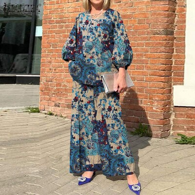 ZANZEA 2024 Bohemian Print 2 vnt. Kostiumas, laisvalaikis V formos iškirpte, laisvi kelnaičių rinkiniai 3/4 rankovėmis, plačios kelnės Kelnės, kelnių rinkiniai, gatvės apranga