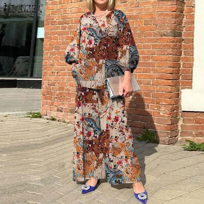 ZANZEA 2024 Bohemian Print 2 vnt. Kostiumas, laisvalaikis V formos iškirpte, laisvi kelnaičių rinkiniai 3/4 rankovėmis, plačios kelnės Kelnės, kelnių rinkiniai, gatvės apranga