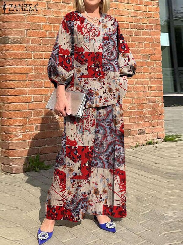 ZANZEA 2024 Bohemian Print 2 vnt. Kostiumas, laisvalaikis V formos iškirpte, laisvi kelnaičių rinkiniai 3/4 rankovėmis, plačios kelnės Kelnės, kelnių rinkiniai, gatvės apranga