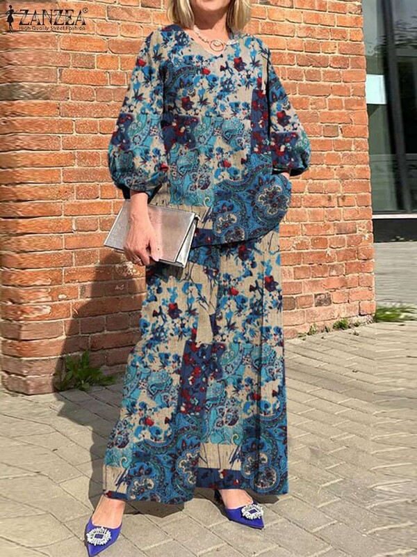 ZANZEA 2024 Bohemian Print 2 vnt. Kostiumas, laisvalaikis V formos iškirpte, laisvi kelnaičių rinkiniai 3/4 rankovėmis, plačios kelnės Kelnės, kelnių rinkiniai, gatvės apranga