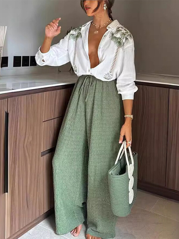 Ležérne zelené potlačené košele, dámske voľné blúzky s jedným radom, skladané nohavice so sťahovacou šnúrkou, široké nohavice, letný outfit 2024