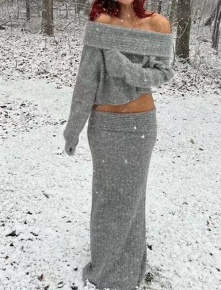 Prancūzų tinginio stiliaus elegantiški megztų sijonų komplektai, vieno peties megztiniai, ilgų sijonų komplektai, skirti važiuoti į darbą ir atgal Rudens miesto moterų sijonų rinkiniai