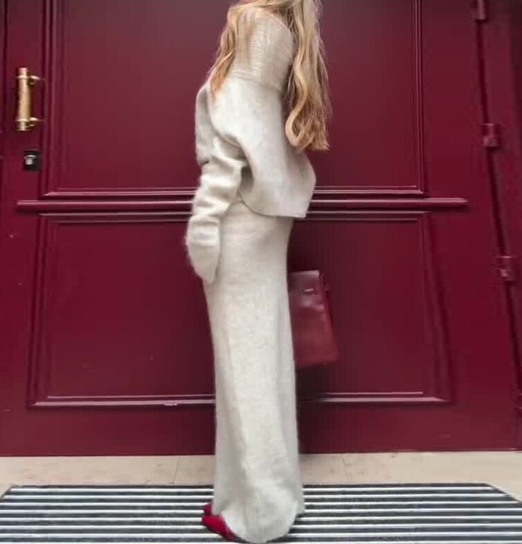 Prancūzų tinginio stiliaus elegantiški megztų sijonų komplektai, vieno peties megztiniai, ilgų sijonų komplektai, skirti važiuoti į darbą ir atgal Rudens miesto moterų sijonų rinkiniai