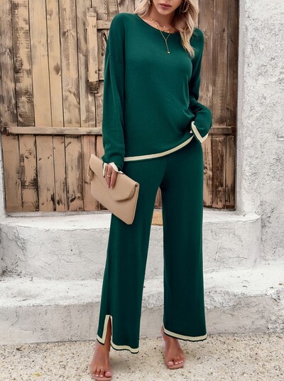 Elegantné dámske súpravy, ležérne jednofarebné kontrastné pletené svetre s dlhým rukávom a dlhými nohavicami, rovné nohavice, ležérne pyžamové nohavice