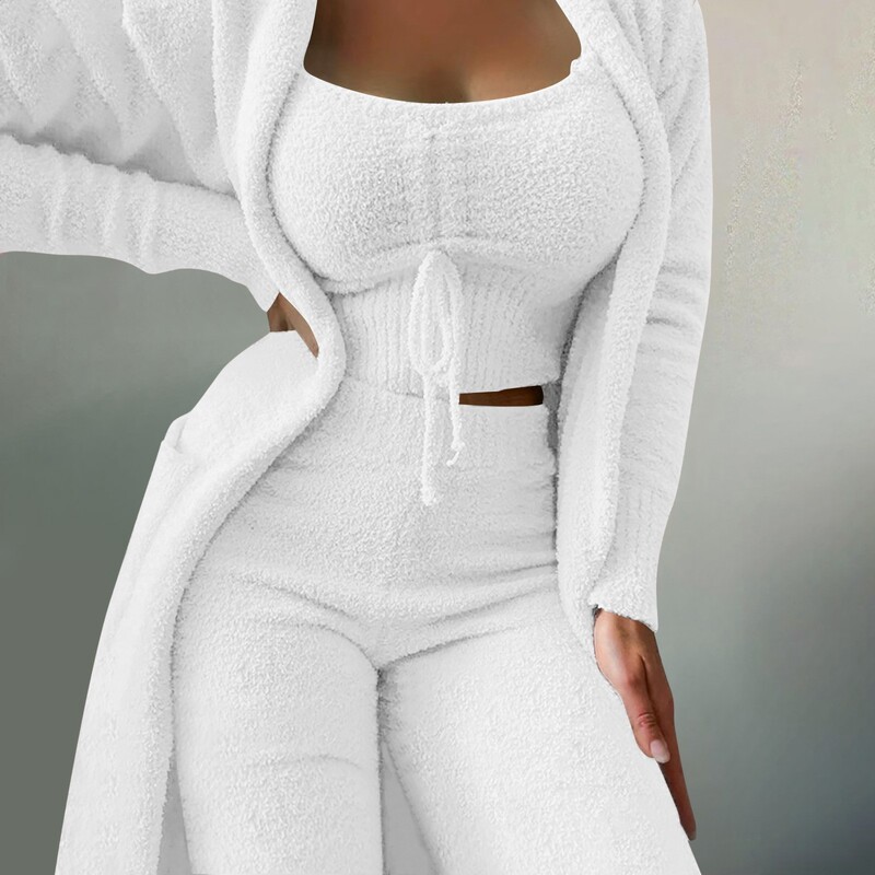 Női gyapjú 3 db Teddy Loungewear Spagetti pántos Crop Tank széles, hosszú nadrág Fuzzy kimonó hangulatos sweatsuit szett női nadrág öltöny