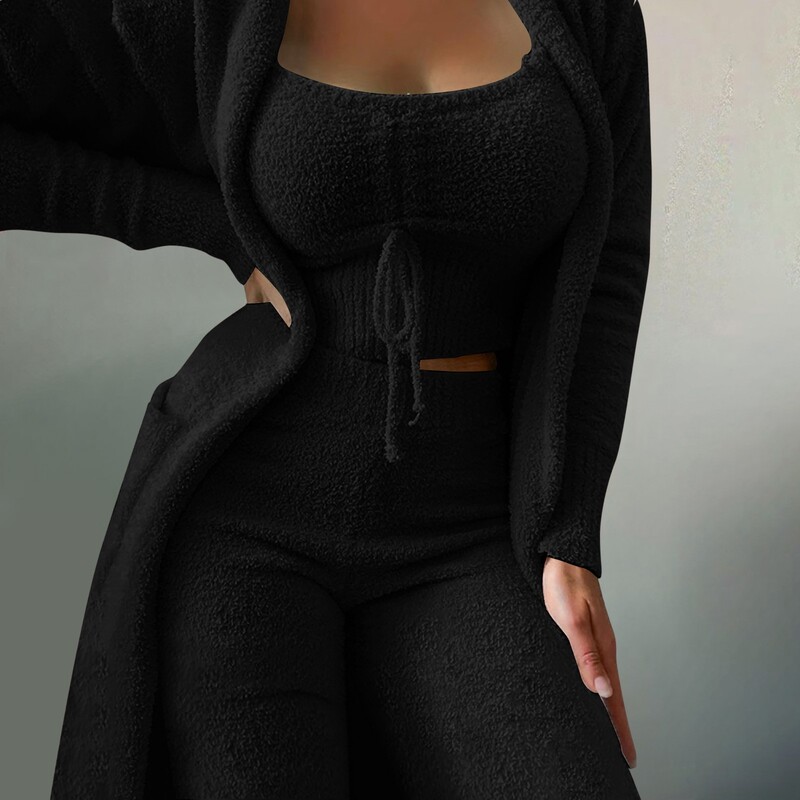 Női gyapjú 3 db Teddy Loungewear Spagetti pántos Crop Tank széles, hosszú nadrág Fuzzy kimonó hangulatos sweatsuit szett női nadrág öltöny