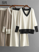 SINGREINY alkalmi többszínű laza szettek V nyakú pulóver+szolid széles lábak hosszú nadrágok őszi tél női kötöttáru vastag 2db öltönyök