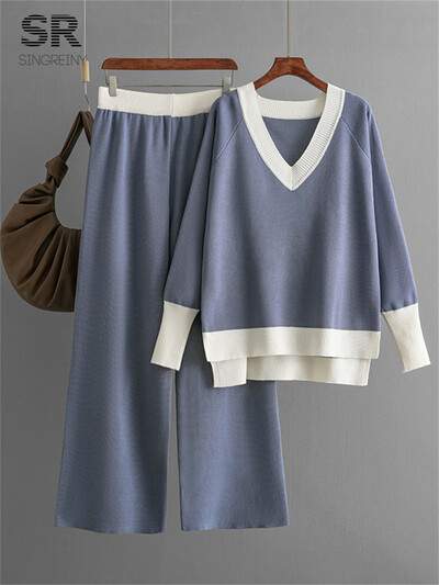 SINGREINY alkalmi többszínű laza szettek V nyakú pulóver+szolid széles lábak hosszú nadrágok őszi tél női kötöttáru vastag 2db öltönyök