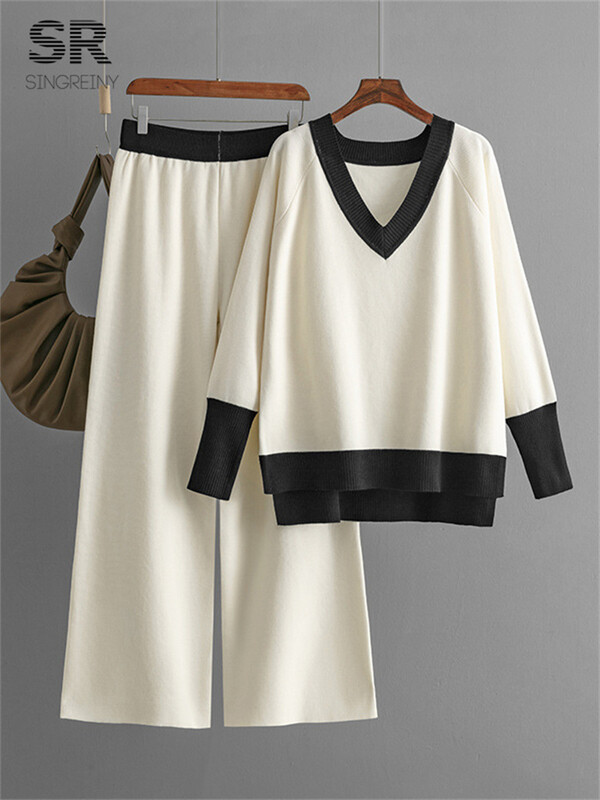 SINGREINY alkalmi többszínű laza szettek V nyakú pulóver+szolid széles lábak hosszú nadrágok őszi tél női kötöttáru vastag 2db öltönyök