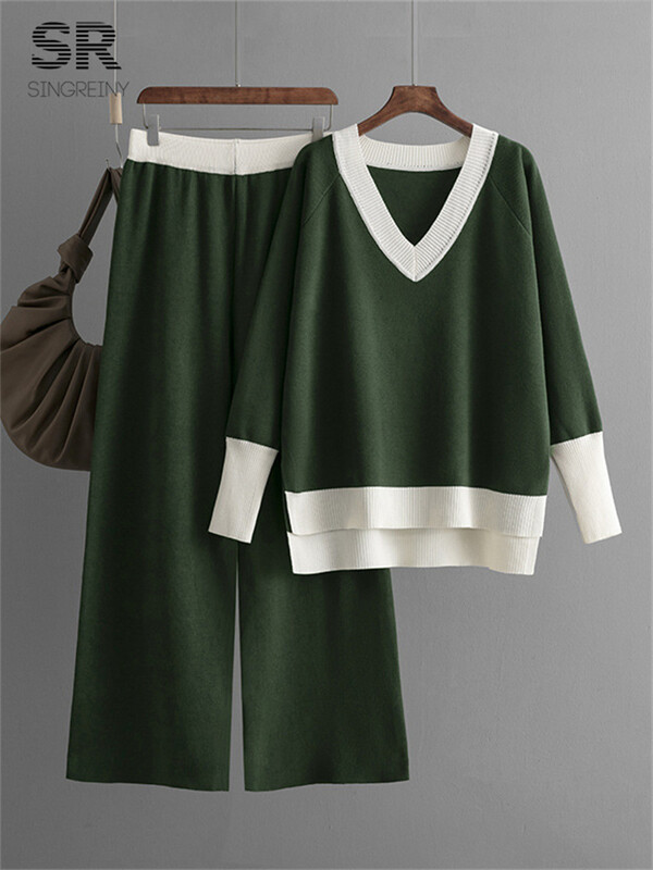 SINGREINY alkalmi többszínű laza szettek V nyakú pulóver+szolid széles lábak hosszú nadrágok őszi tél női kötöttáru vastag 2db öltönyök