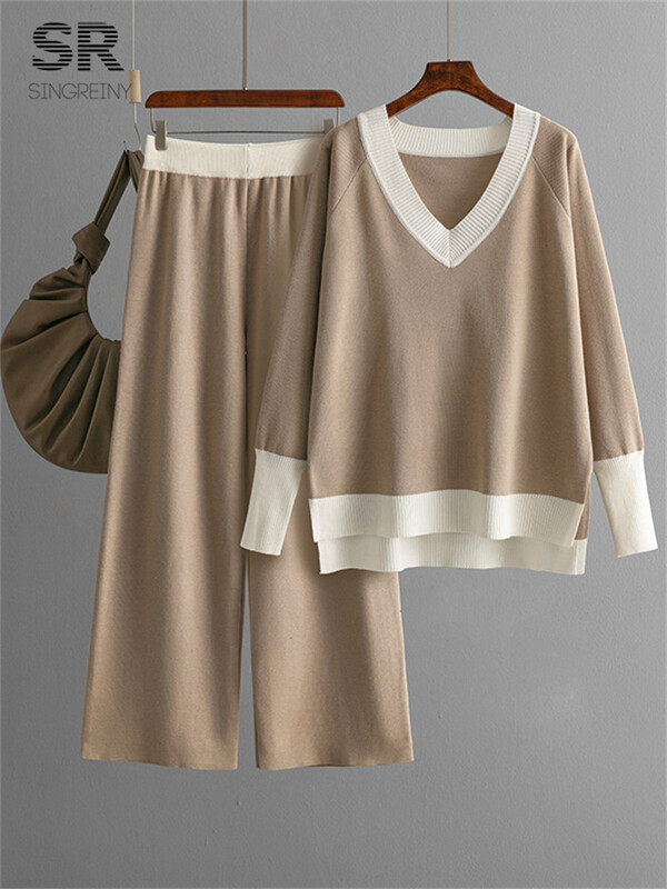 SINGREINY alkalmi többszínű laza szettek V nyakú pulóver+szolid széles lábak hosszú nadrágok őszi tél női kötöttáru vastag 2db öltönyök