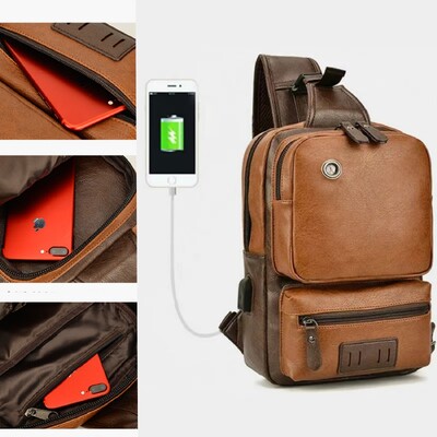 Férfi retro multifunkciós PU bőr válltáskák USB vízálló Crossbody utazási heveder Messenger csomag mellkastáska csomag férfiaknak