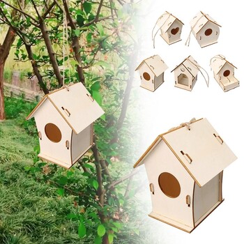 Bird Wood House with Lanyard Outdoor Ημιτελές Αξεσουάρ DIY Προμήθειες για κατοικίδια Κρεμαστά Birdhouse για εξωτερικό μπαλκόνι H6A5