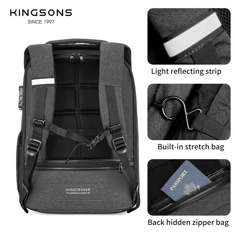 Kingsons batoh s ochranou proti krádeži pre mužov a ženy, školská taška, batoh na notebook 15,6/17,3 palca, mužská cestovná taška Mochila
