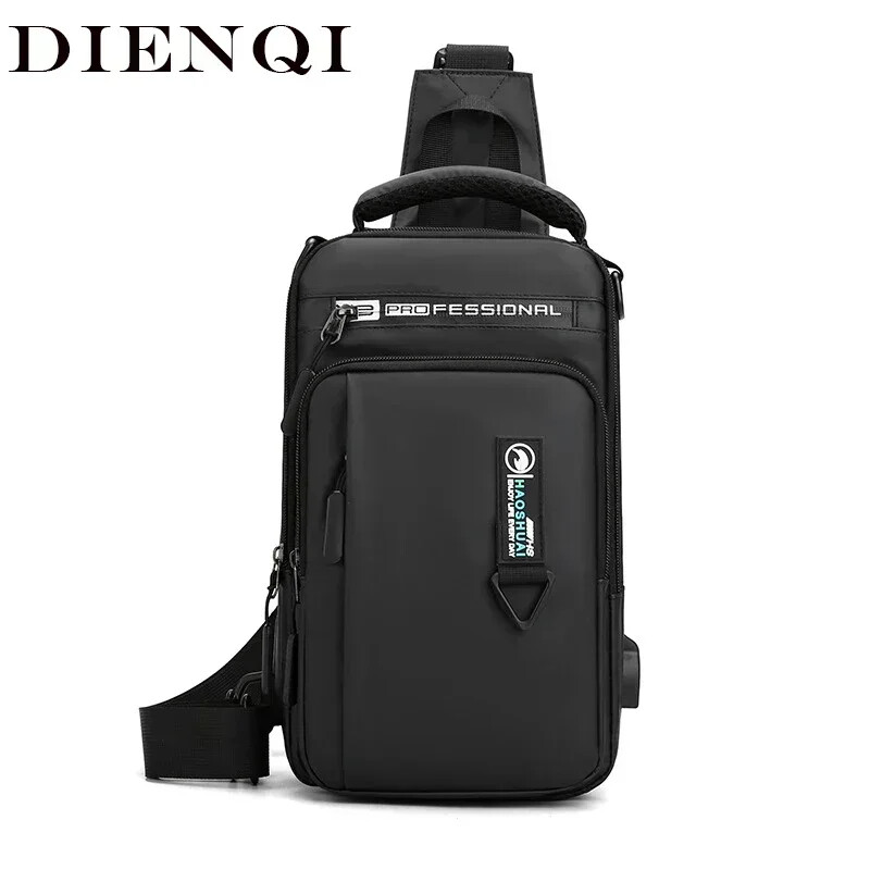 Férfi Nylon vízálló telefon USB hátizsák Kis Crossbody Sling táska Hátsó csomag Egy vállon keresztezett iskolatáska Man Mochila számára
